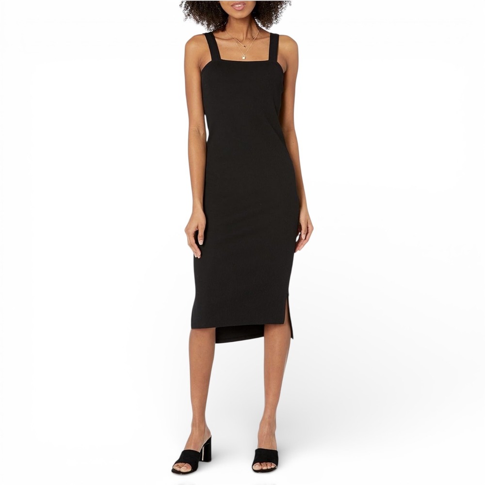 The Drop Amelia Midi Tank Dress‎ Black Ribbed Knit Square Neck Small